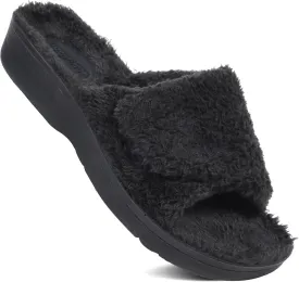 AEROTHOTIC Soft Fuzzy Slippers Outdoor and Indoor with Non-Slip Sole Stylish Straps Comfortable Womens Slippers Open Toe Home Travel Vacation Wear
