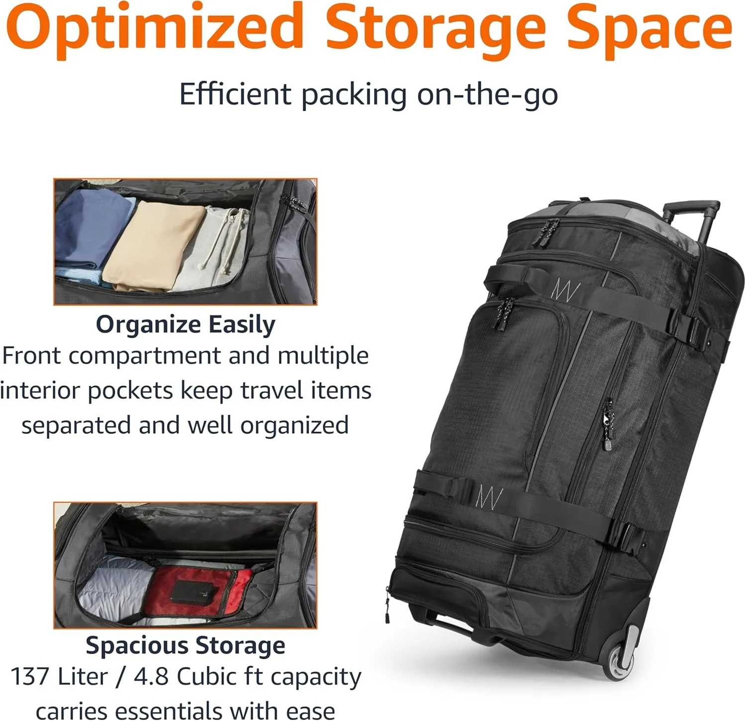 Amazon Basics 35-Inch Large Rolling Duffle Bag with Wheels and Handle, Travel Duffle Bag with Durable Ripstop Polyester Material, 2 Layers of Space, Multiple Interior and Exterior Pockets, Black