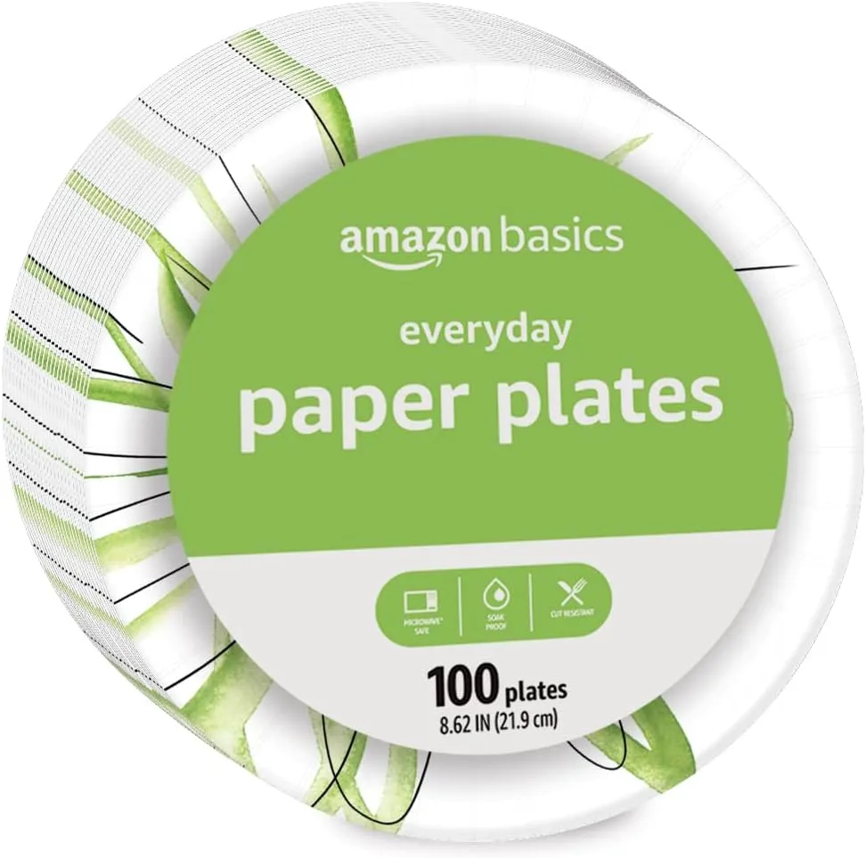 Amazon Basics Everyday Paper Plates, 8.62 Inch, Disposable, 100 Count