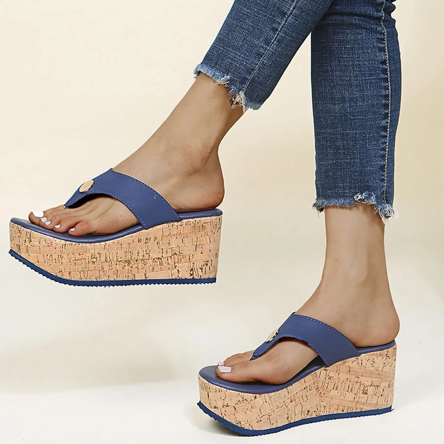 Beach Sandals for Women Summer Casual Wedge Thong Sandal Slip On Platform Flip Flops Comfortable Walking Shoes