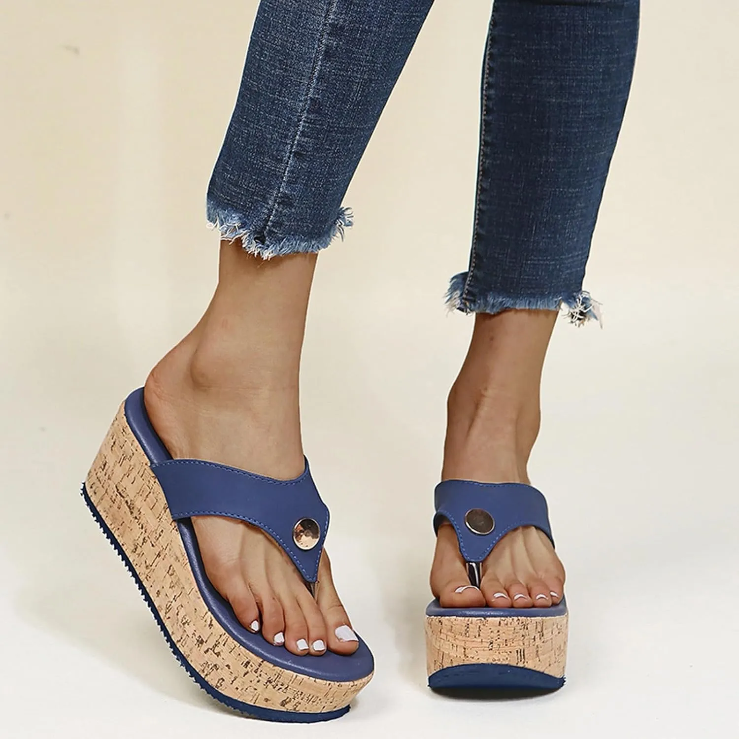 Beach Sandals for Women Summer Casual Wedge Thong Sandal Slip On Platform Flip Flops Comfortable Walking Shoes