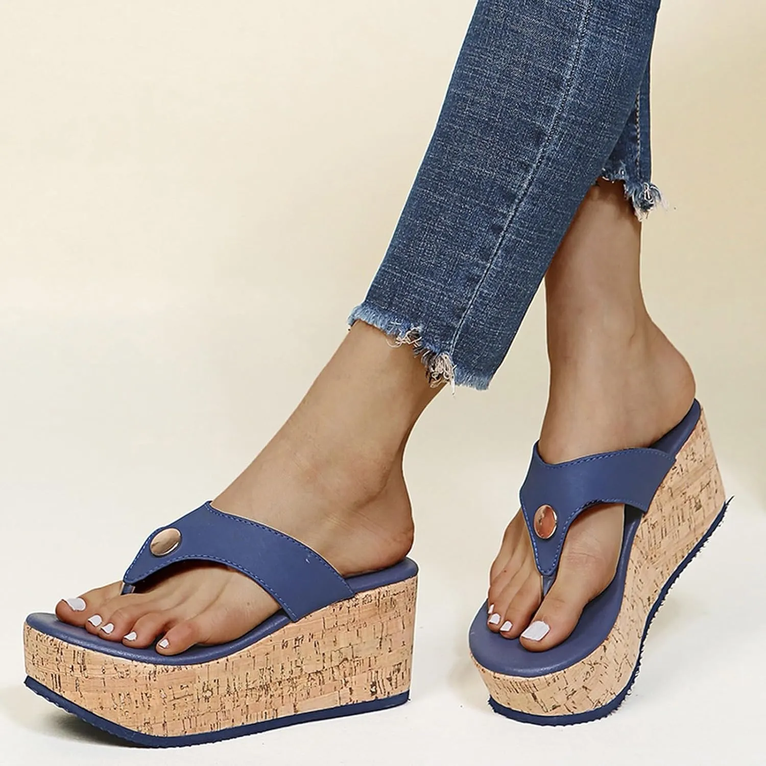 Beach Sandals for Women Summer Casual Wedge Thong Sandal Slip On Platform Flip Flops Comfortable Walking Shoes