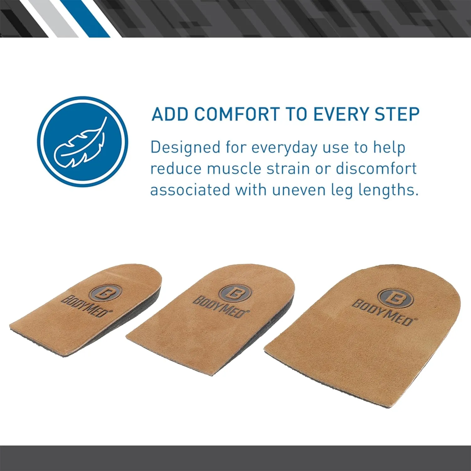 BodyMed Heel Lift, Medium, 2 Lift/Pack  Non-Slip, Adjustable Orthopedic Insert for Leg-Length Discrepancies  3 Removable 1/8-in. Layers  Rubber-Leather Adhesive  Heel Lift Wedge for Men & Women