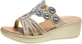 Boho Wedge Sandals for Women Open Toe Slip On Rhinestone Platforms Casual Dressy Comfortable Sandals Summer Shoes