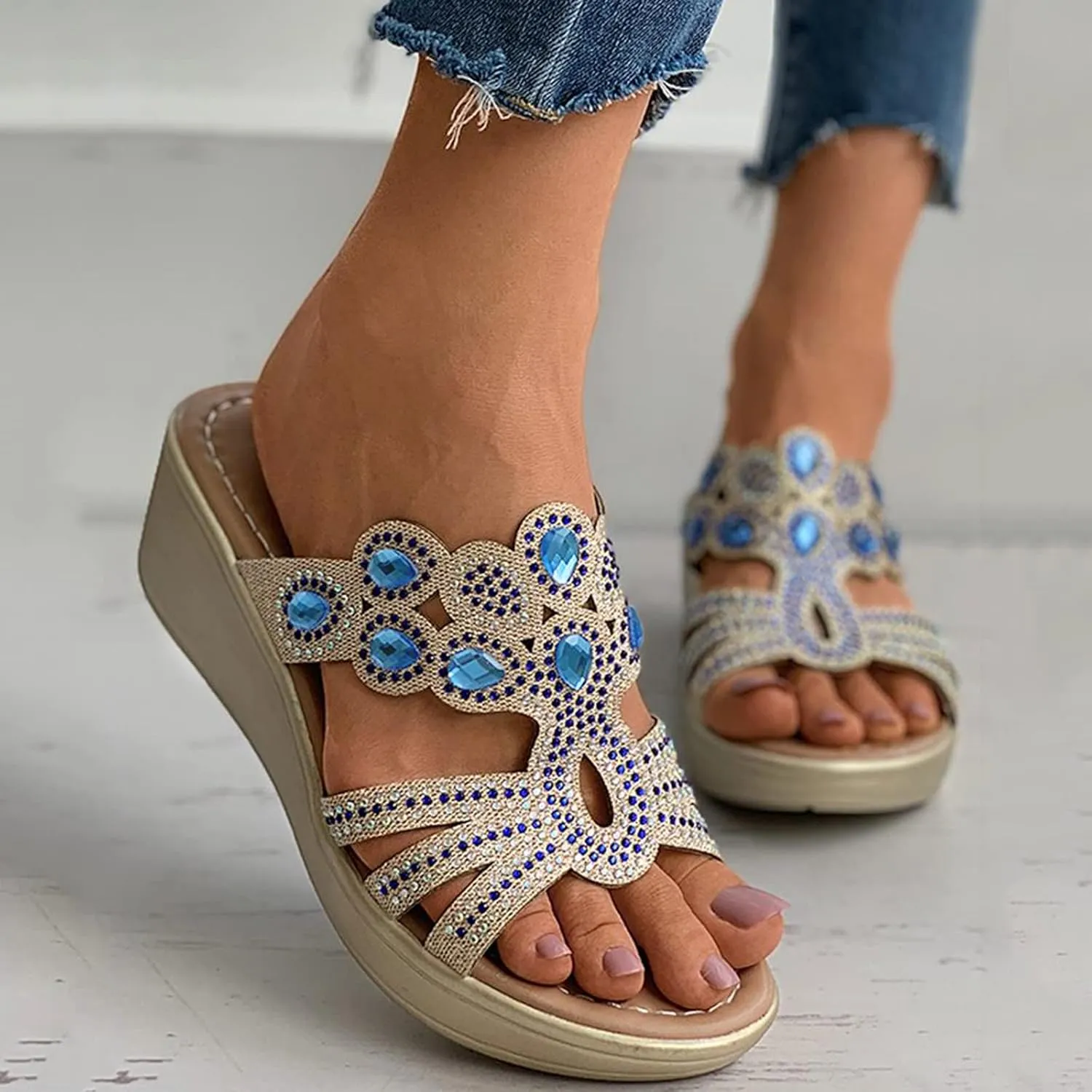 Boho Wedge Sandals for Women Open Toe Slip On Rhinestone Platforms Casual Dressy Comfortable Sandals Summer Shoes