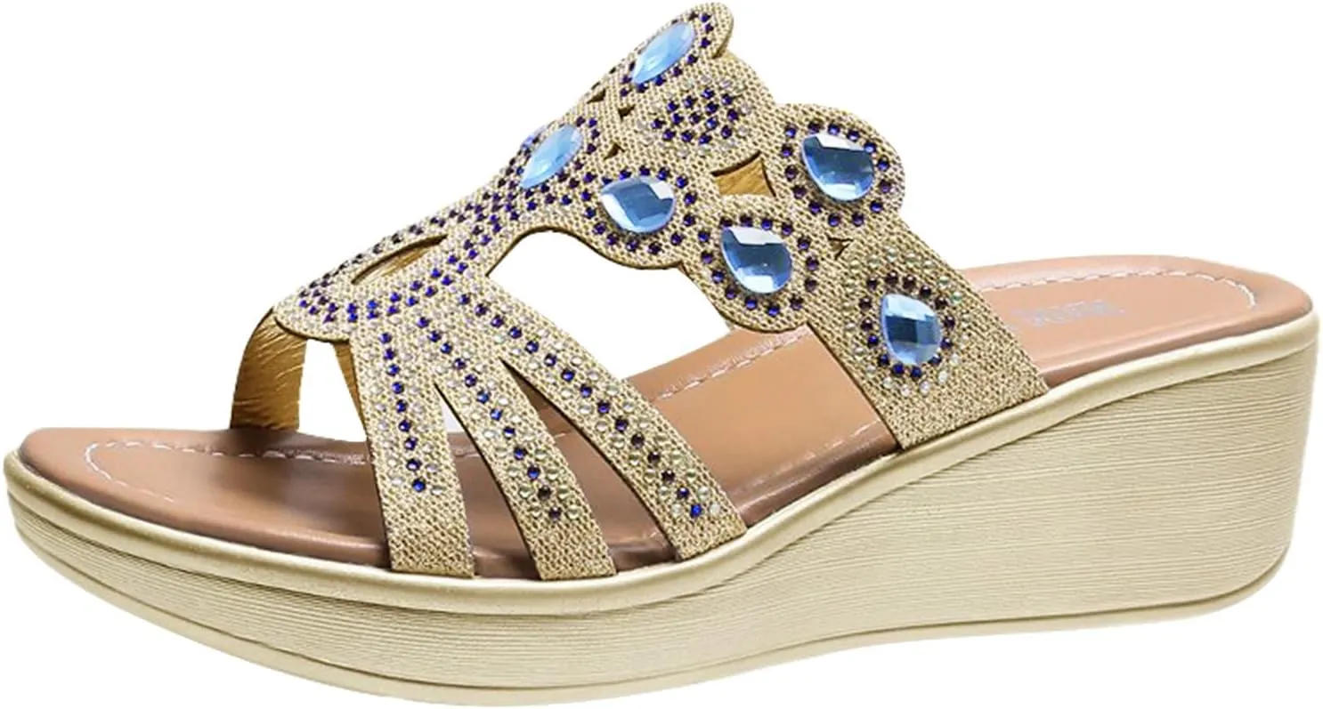 Boho Wedge Sandals for Women Open Toe Slip On Rhinestone Platforms Casual Dressy Comfortable Sandals Summer Shoes