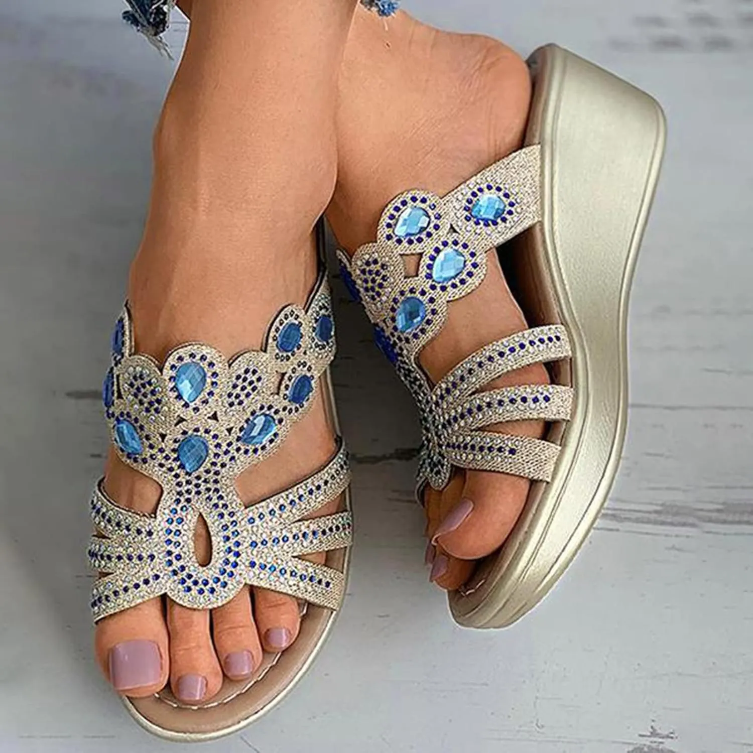 Boho Wedge Sandals for Women Open Toe Slip On Rhinestone Platforms Casual Dressy Comfortable Sandals Summer Shoes