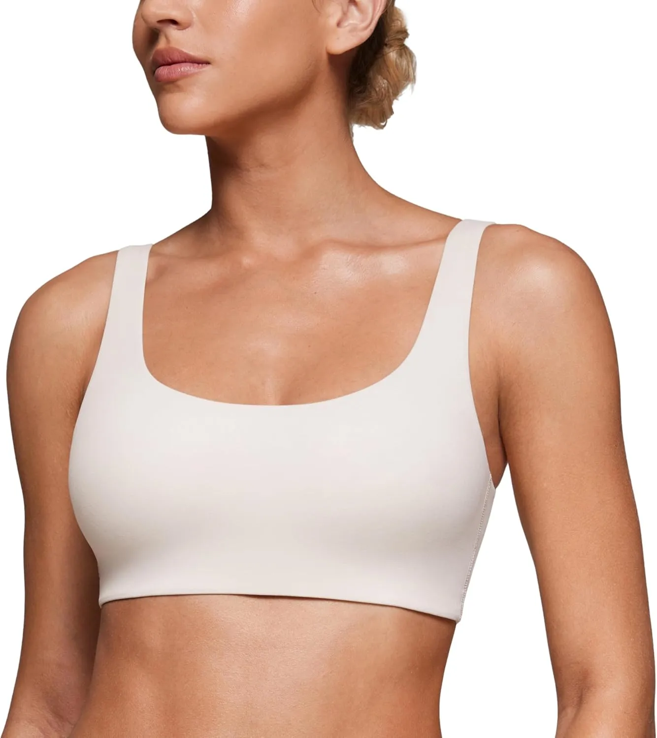 CRZ YOGA Softhold Women's Double Lined U Back Bralettes - Scoop Neck Unlined T-Shirt Everyday Bras Smooth Wireless Cami