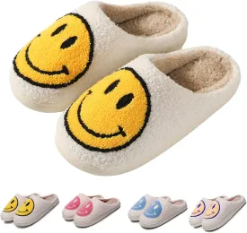 FACAXEDRE Smile Face Slippers for Women - Indoor Outdoor Retro Happy House Slides, Soft Fluffy Cushion Furry Shoes