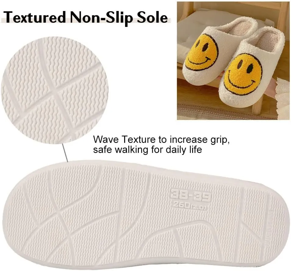 FACAXEDRE Smile Face Slippers for Women - Indoor Outdoor Retro Happy House Slides, Soft Fluffy Cushion Furry Shoes