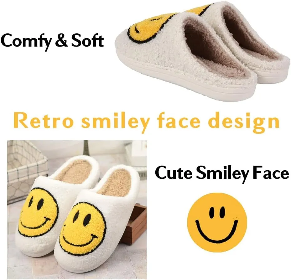 FACAXEDRE Smile Face Slippers for Women - Indoor Outdoor Retro Happy House Slides, Soft Fluffy Cushion Furry Shoes
