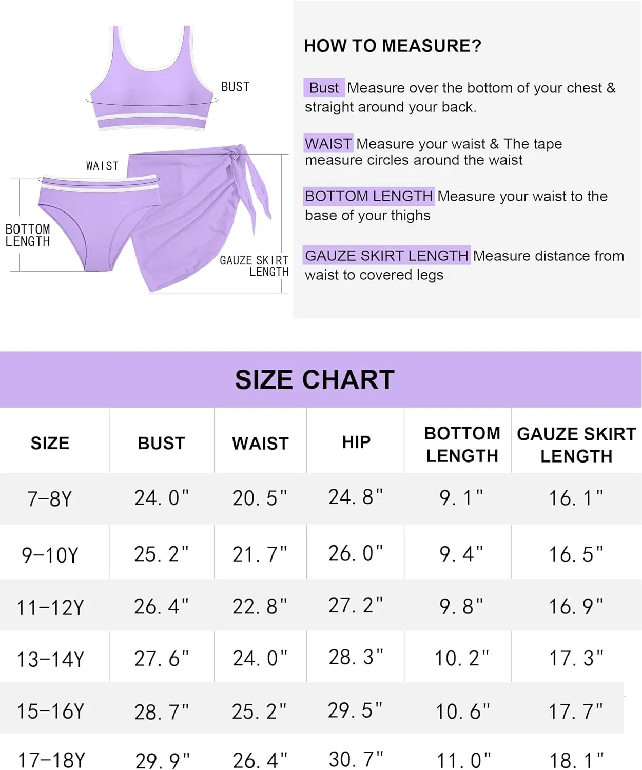 Girls Swimsuit Double Strap High Waist Sporty Bikini Swimsuits Swim Cover Up Skirt 3 Piece Set