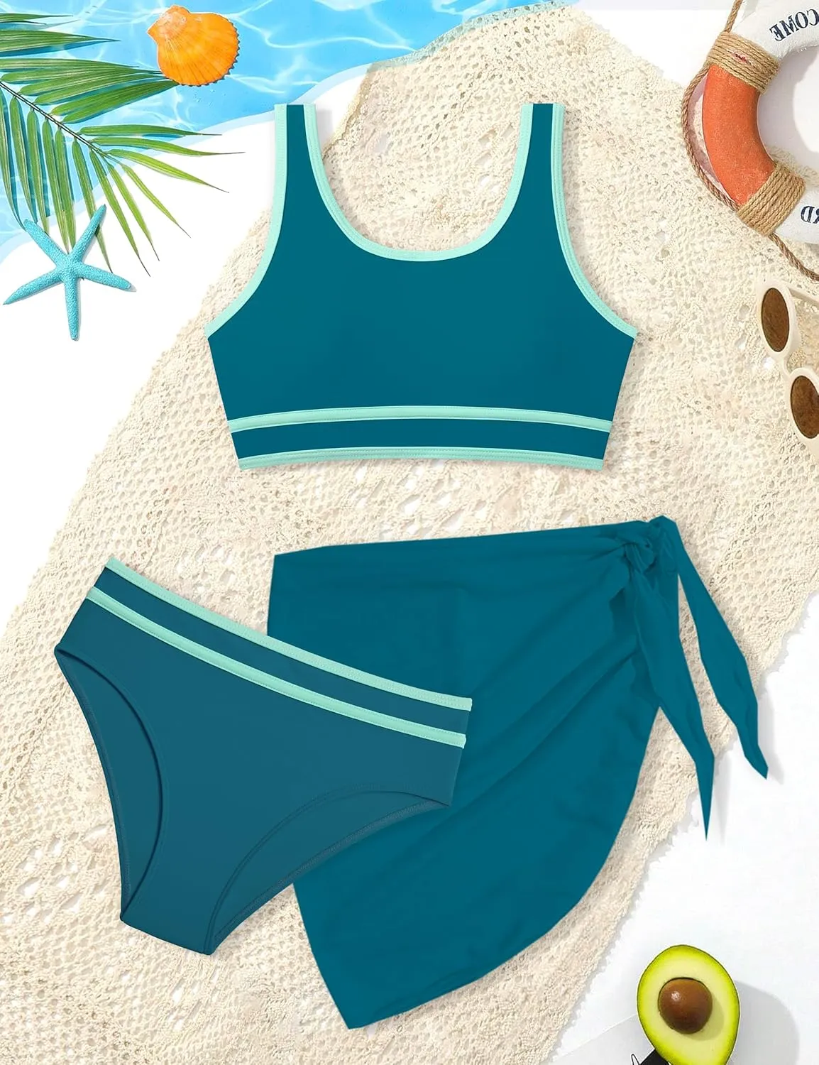 Girls Swimsuit Double Strap High Waist Sporty Bikini Swimsuits Swim Cover Up Skirt 3 Piece Set