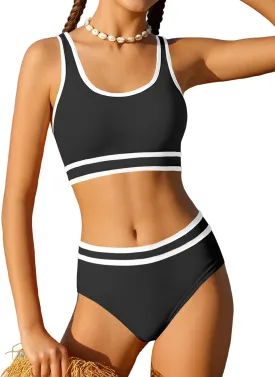 Girls Swimsuit Double Strap High Waist Sporty Bikini Swimsuits Swim Cover Up Skirt 3 Piece Set
