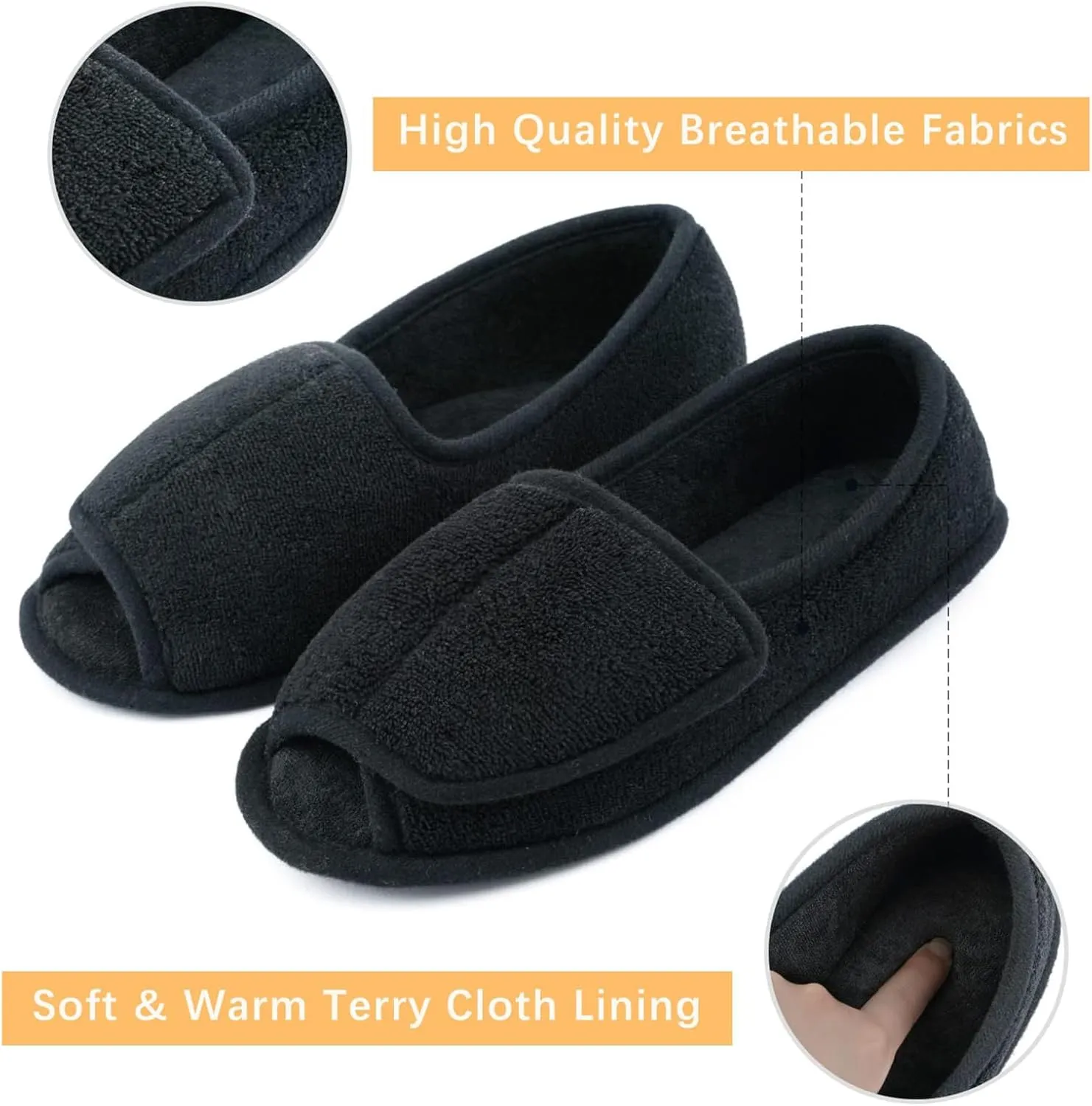 Git-up Diabetic Slippers for Women Memory Foam Arthritis Edema Adjustable Open Toe Swollen Feet Slippers Bedroom House Indoor Outdoor Shoes with Rubber Sole