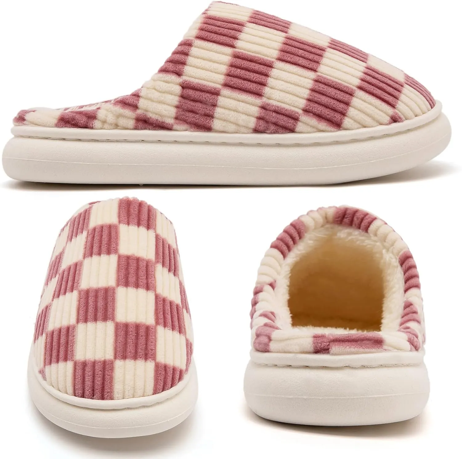 House Slippers for Woman Men, Womens Slippers on Fuzzy House Shoes Memory Foam Checkered Scuff Outdoor Indoor Warm Plush Bedroom Shoes with Faux Fur Lining Size