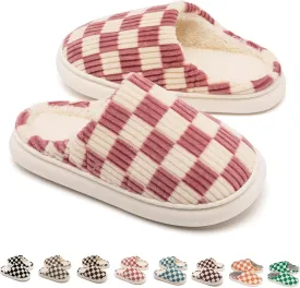 House Slippers for Woman Men, Womens Slippers on Fuzzy House Shoes Memory Foam Checkered Scuff Outdoor Indoor Warm Plush Bedroom Shoes with Faux Fur Lining Size