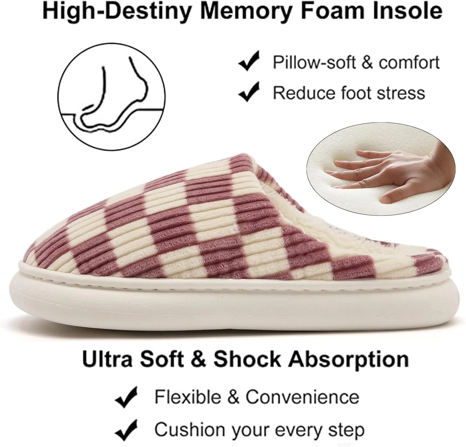 House Slippers for Woman Men, Womens Slippers on Fuzzy House Shoes Memory Foam Checkered Scuff Outdoor Indoor Warm Plush Bedroom Shoes with Faux Fur Lining Size
