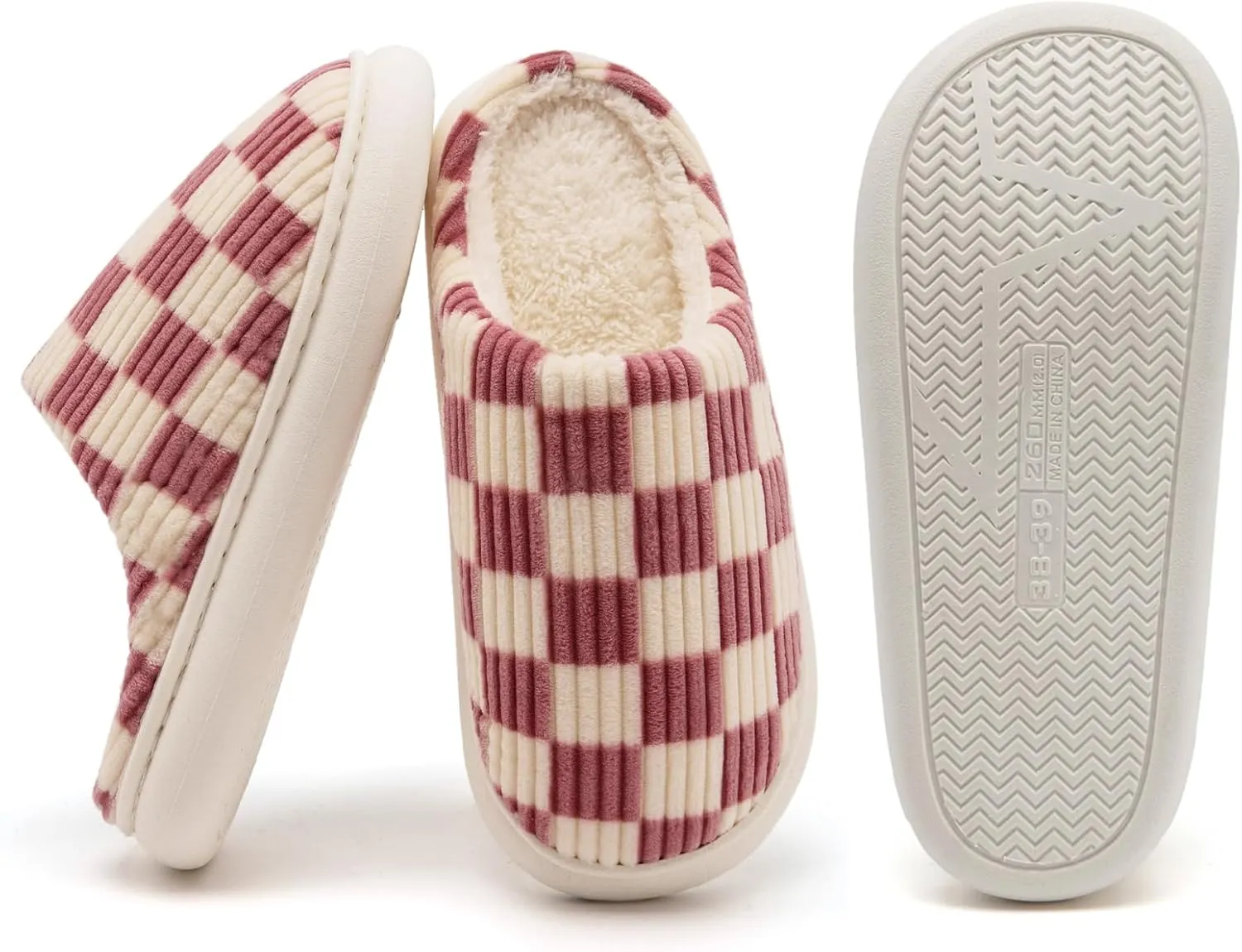 House Slippers for Woman Men, Womens Slippers on Fuzzy House Shoes Memory Foam Checkered Scuff Outdoor Indoor Warm Plush Bedroom Shoes with Faux Fur Lining Size