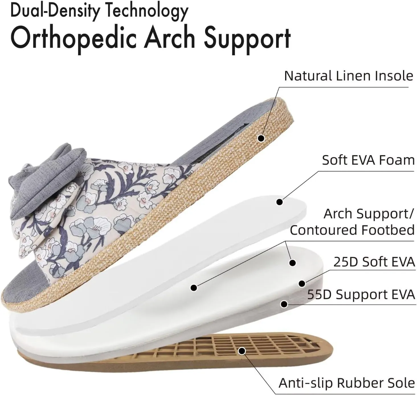 House Slippers for Women with Bow Comfy Indoor Open Toe Slides with Low Arch Support Rubber Sole for Summer