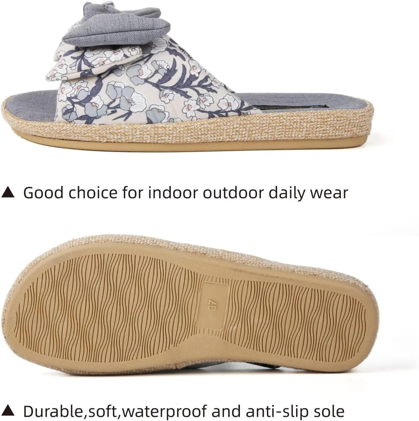 House Slippers for Women with Bow Comfy Indoor Open Toe Slides with Low Arch Support Rubber Sole for Summer