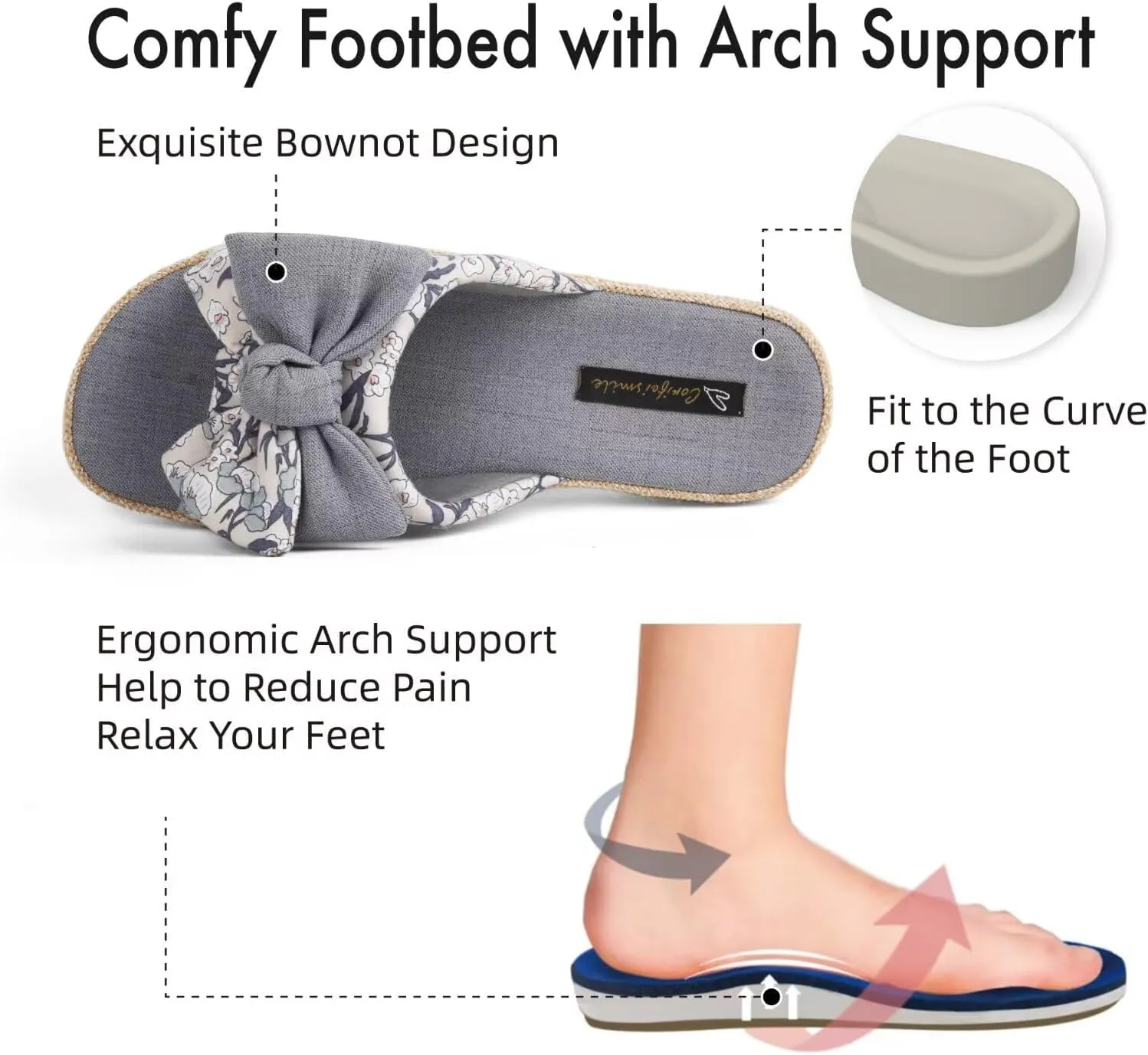 House Slippers for Women with Bow Comfy Indoor Open Toe Slides with Low Arch Support Rubber Sole for Summer
