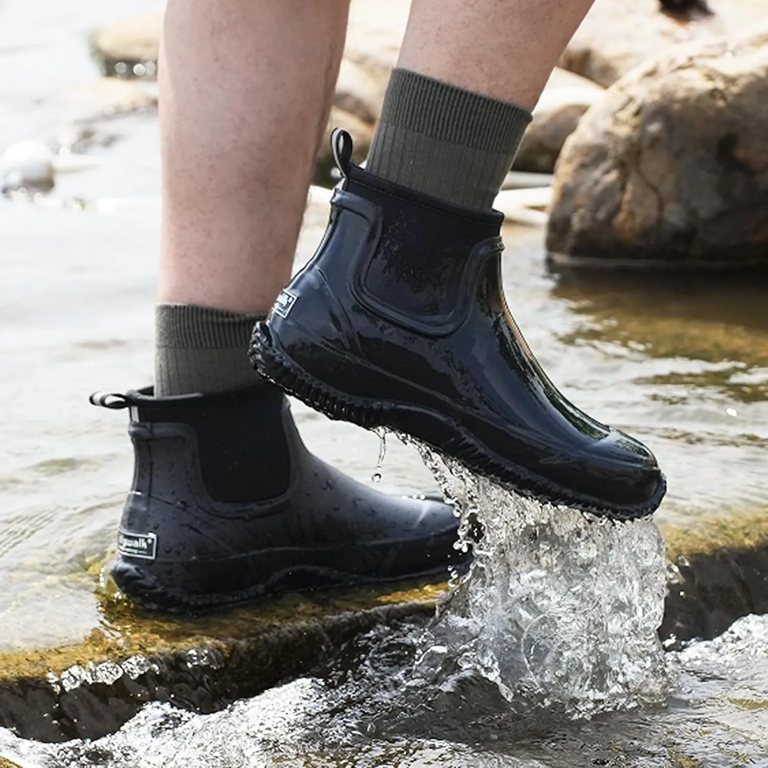 Men's Rain Boots, Waterproof Rubber Garden Boots for Men, Men's Outdoor Work Ankle Shoes, Non Slip Neoprene Rubber Short Mud Boots for Hunting Fishing