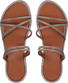 OYOANGLE Women's Rhinestone Strappy Open Toe Slide Sandals Slip on Casual Flat Sandals