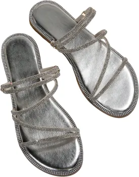 OYOANGLE Women's Rhinestone Strappy Open Toe Slide Sandals Slip on Casual Flat Sandals
