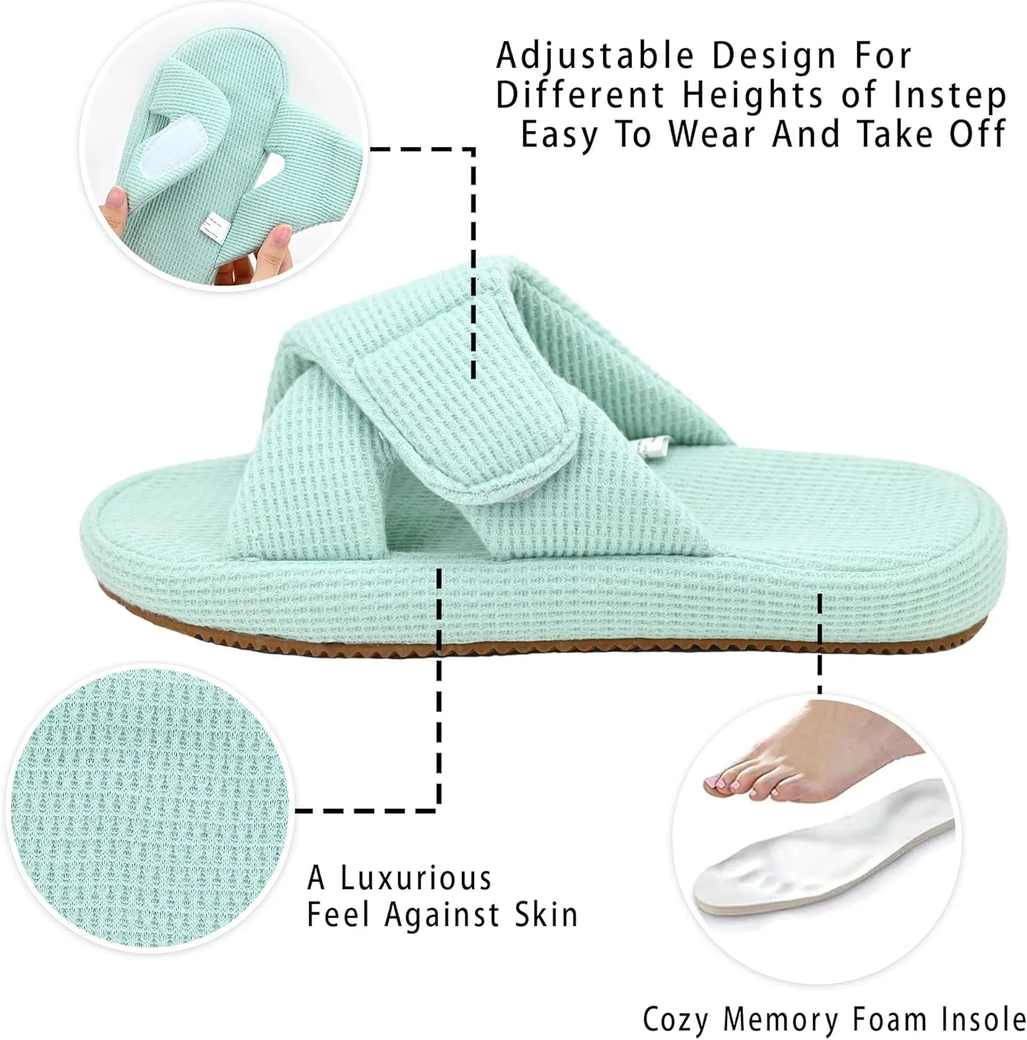 Panda Bros Women's Adjustable Slippers, Diabetic Slippers for Women Memory Foam, Open Toe Swollen Feet Slippers Bedroom House Indoor Outdoor Shoes with Rubber Sole