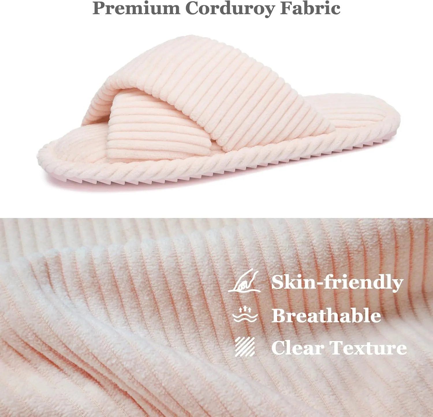 Slippers for Women Memory Foam House Bedroom Corduroy Crossbands Open Toe Slides Sandals Shoes Comfy Trendy Gift for womens Anti-Skid sole