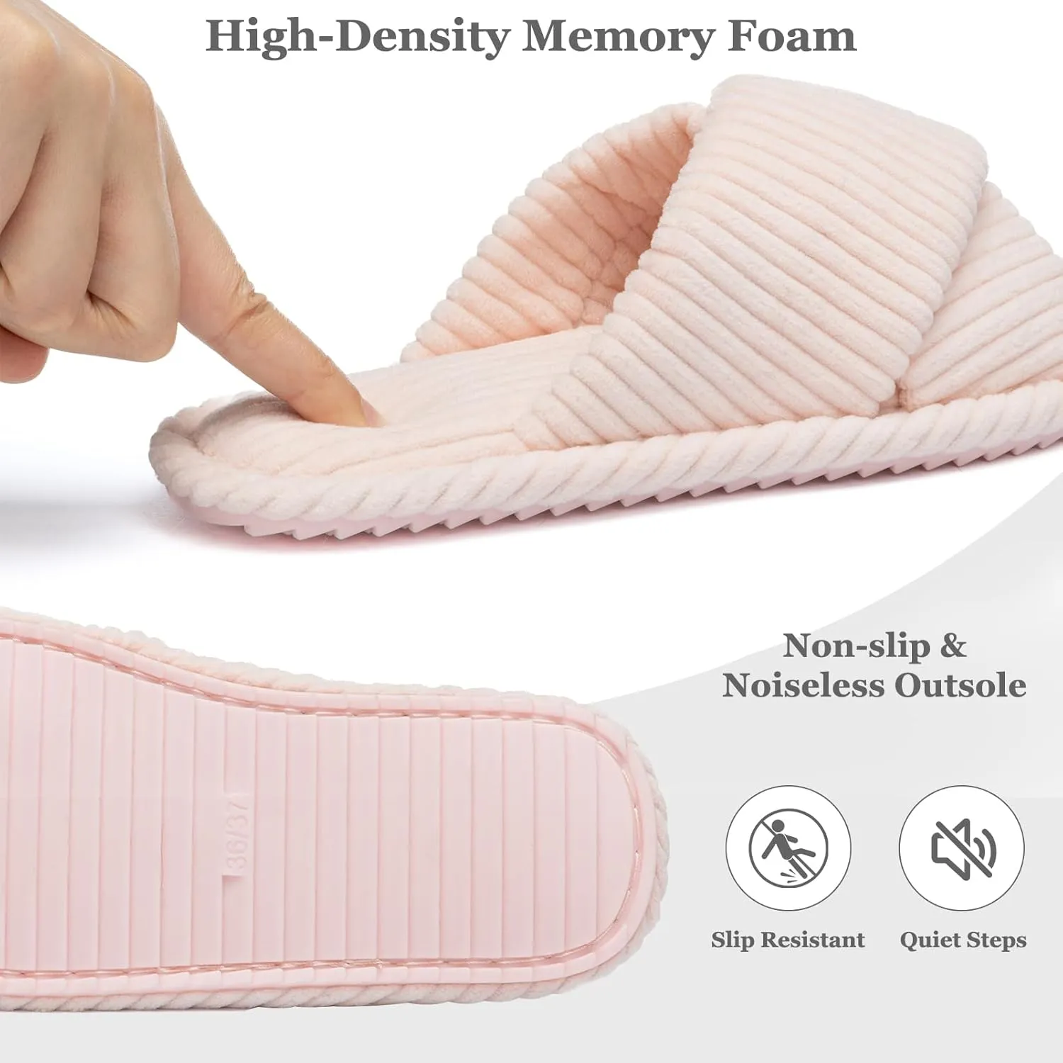 Slippers for Women Memory Foam House Bedroom Corduroy Crossbands Open Toe Slides Sandals Shoes Comfy Trendy Gift for womens Anti-Skid sole