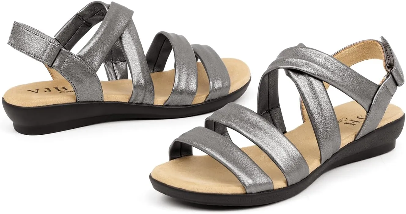 VJH confort Womens Flat Sandals, Soft Straps Slip-on Open Toe Light Weight Elastic Slingback Comfort Casual Walking Sandals