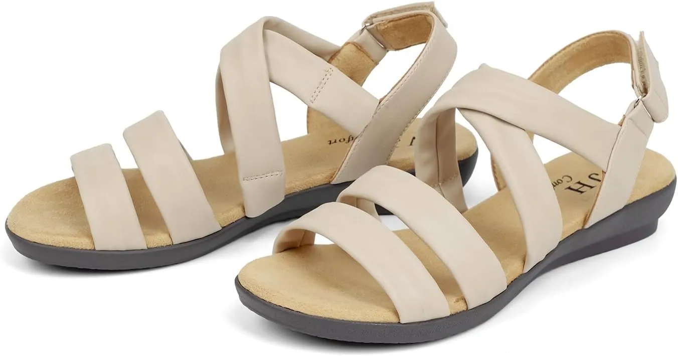 VJH confort Womens Flat Sandals, Soft Straps Slip-on Open Toe Light Weight Elastic Slingback Comfort Casual Walking Sandals