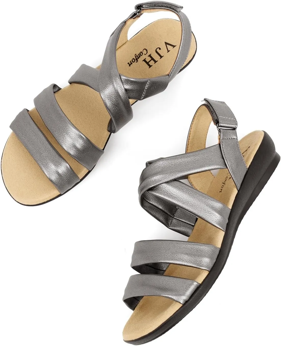 VJH confort Womens Flat Sandals, Soft Straps Slip-on Open Toe Light Weight Elastic Slingback Comfort Casual Walking Sandals