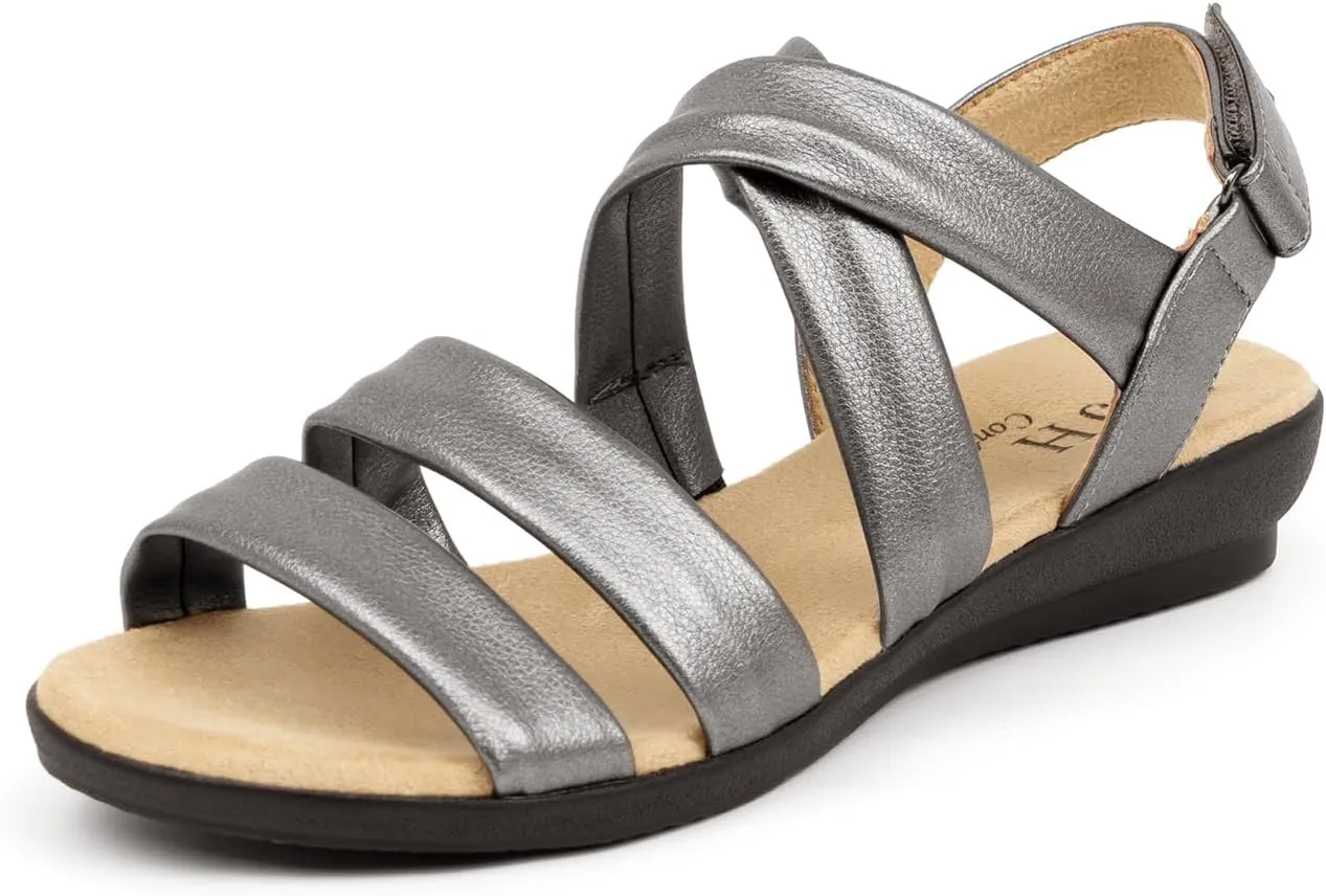 VJH confort Womens Flat Sandals, Soft Straps Slip-on Open Toe Light Weight Elastic Slingback Comfort Casual Walking Sandals