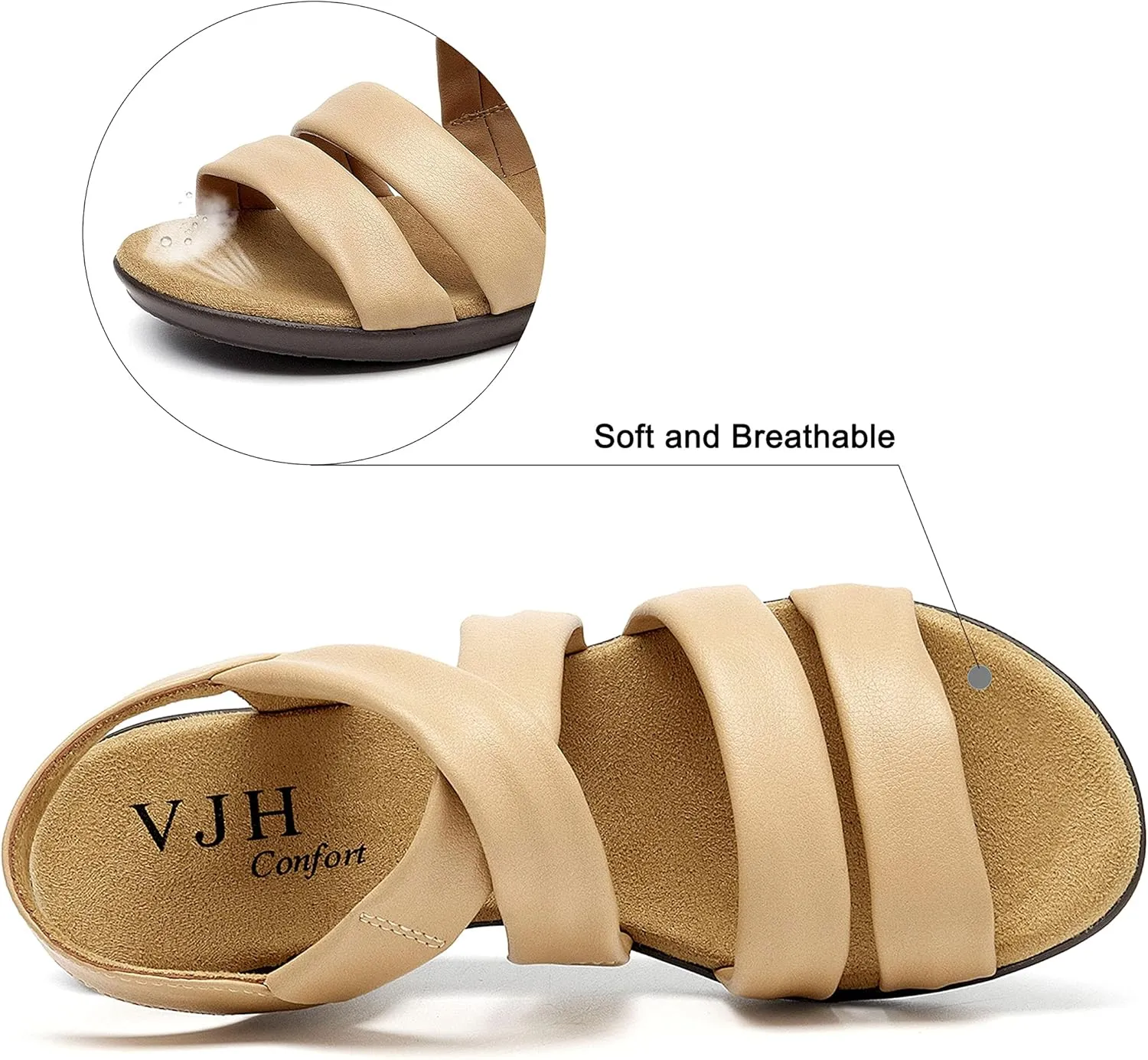 VJH confort Womens Flat Sandals, Soft Straps Slip-on Open Toe Light Weight Elastic Slingback Comfort Casual Walking Sandals