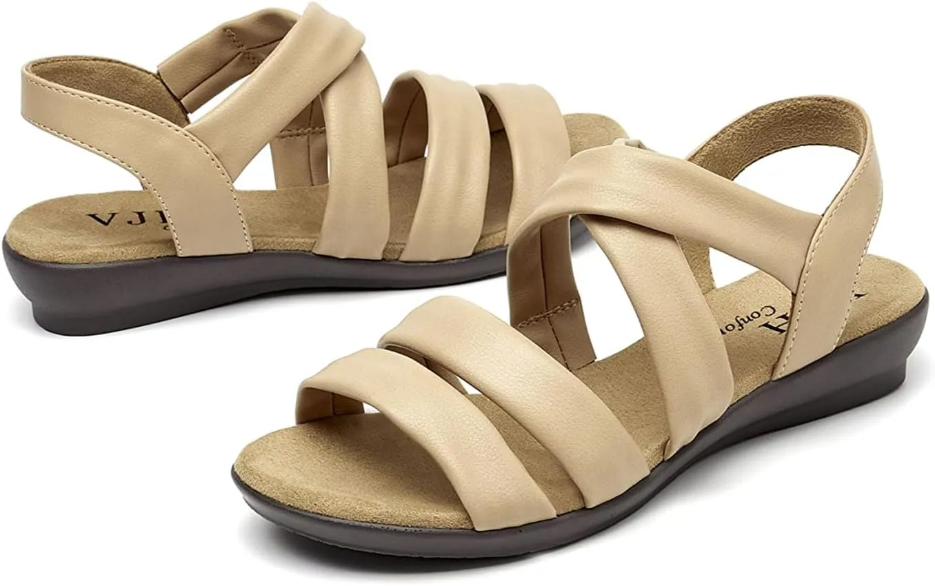 VJH confort Womens Flat Sandals, Soft Straps Slip-on Open Toe Light Weight Elastic Slingback Comfort Casual Walking Sandals
