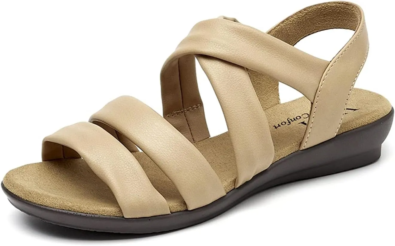 VJH confort Womens Flat Sandals, Soft Straps Slip-on Open Toe Light Weight Elastic Slingback Comfort Casual Walking Sandals