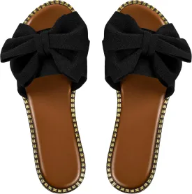 Women's Bow Knot Slides Open Toe Flat Sandals Summer Slip On Slippers