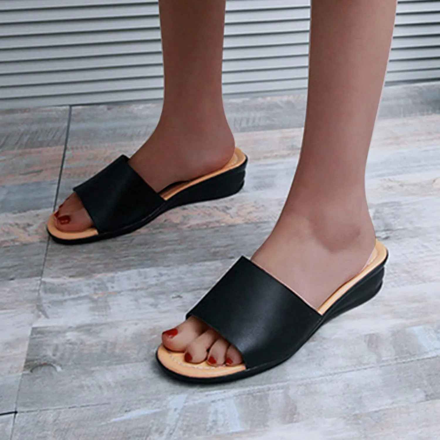 Women's Dress Sandals Open Toe Low Wedge Heel Slide Sandal Slip on Wedges Mules Comfortable Walking Summer Shoes