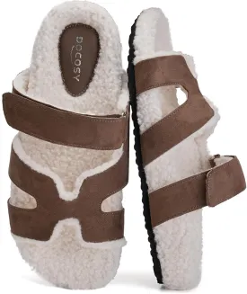 Womens Fuzzy H-Band Slippers Faux Shearling Open Toe Slide Sandal Adjustable House Shoes Wide Width