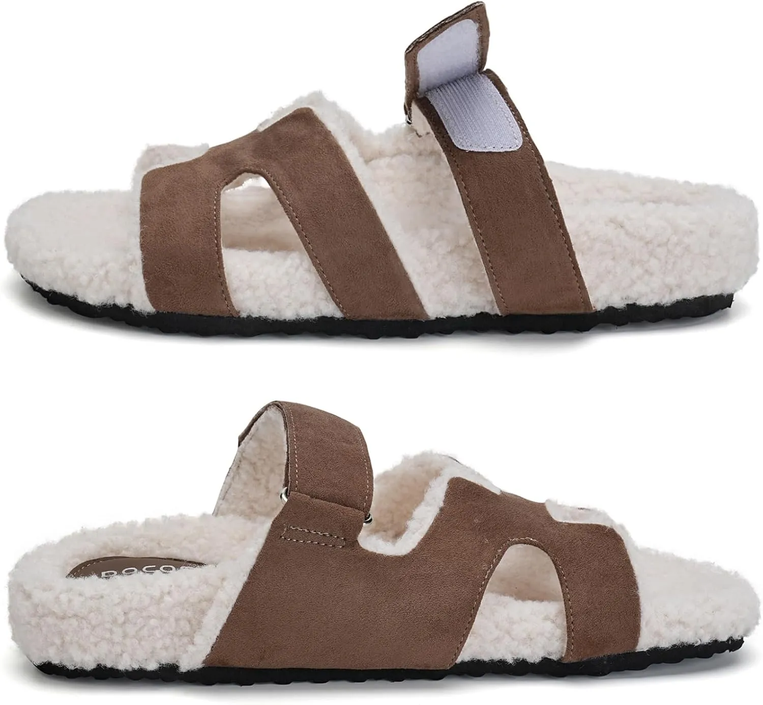 Womens Fuzzy H-Band Slippers Faux Shearling Open Toe Slide Sandal Adjustable House Shoes Wide Width