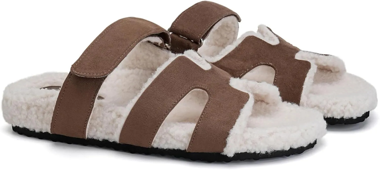 Womens Fuzzy H-Band Slippers Faux Shearling Open Toe Slide Sandal Adjustable House Shoes Wide Width