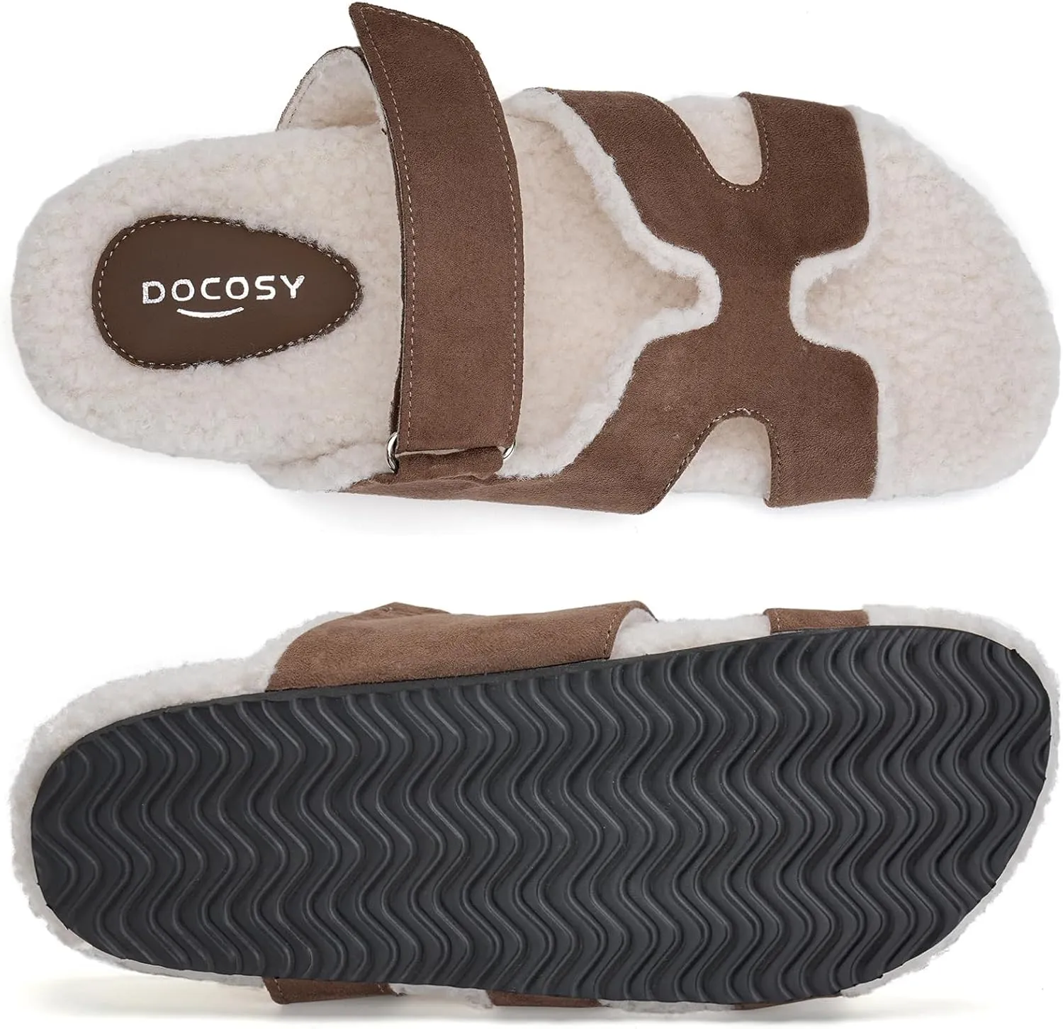 Womens Fuzzy H-Band Slippers Faux Shearling Open Toe Slide Sandal Adjustable House Shoes Wide Width