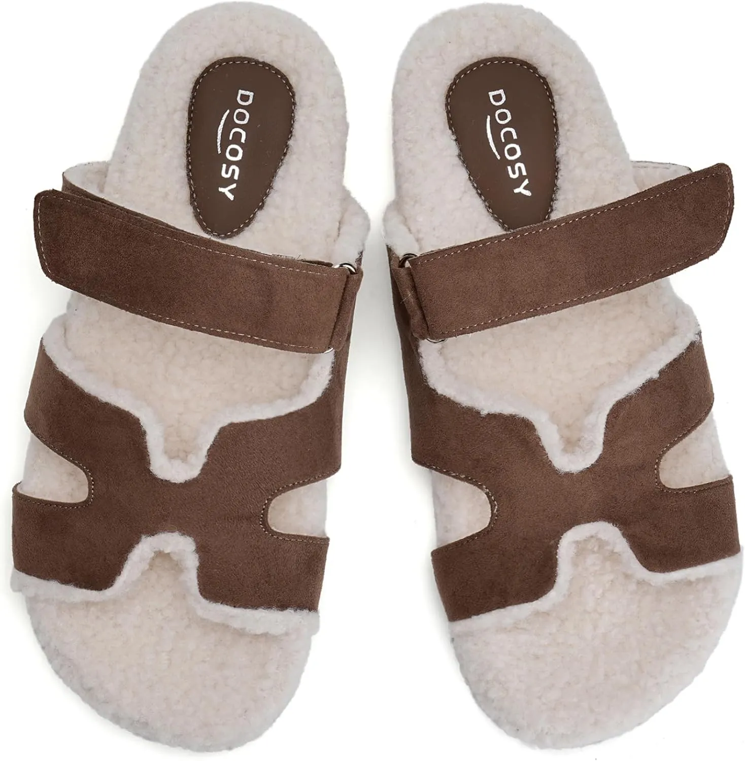 Womens Fuzzy H-Band Slippers Faux Shearling Open Toe Slide Sandal Adjustable House Shoes Wide Width