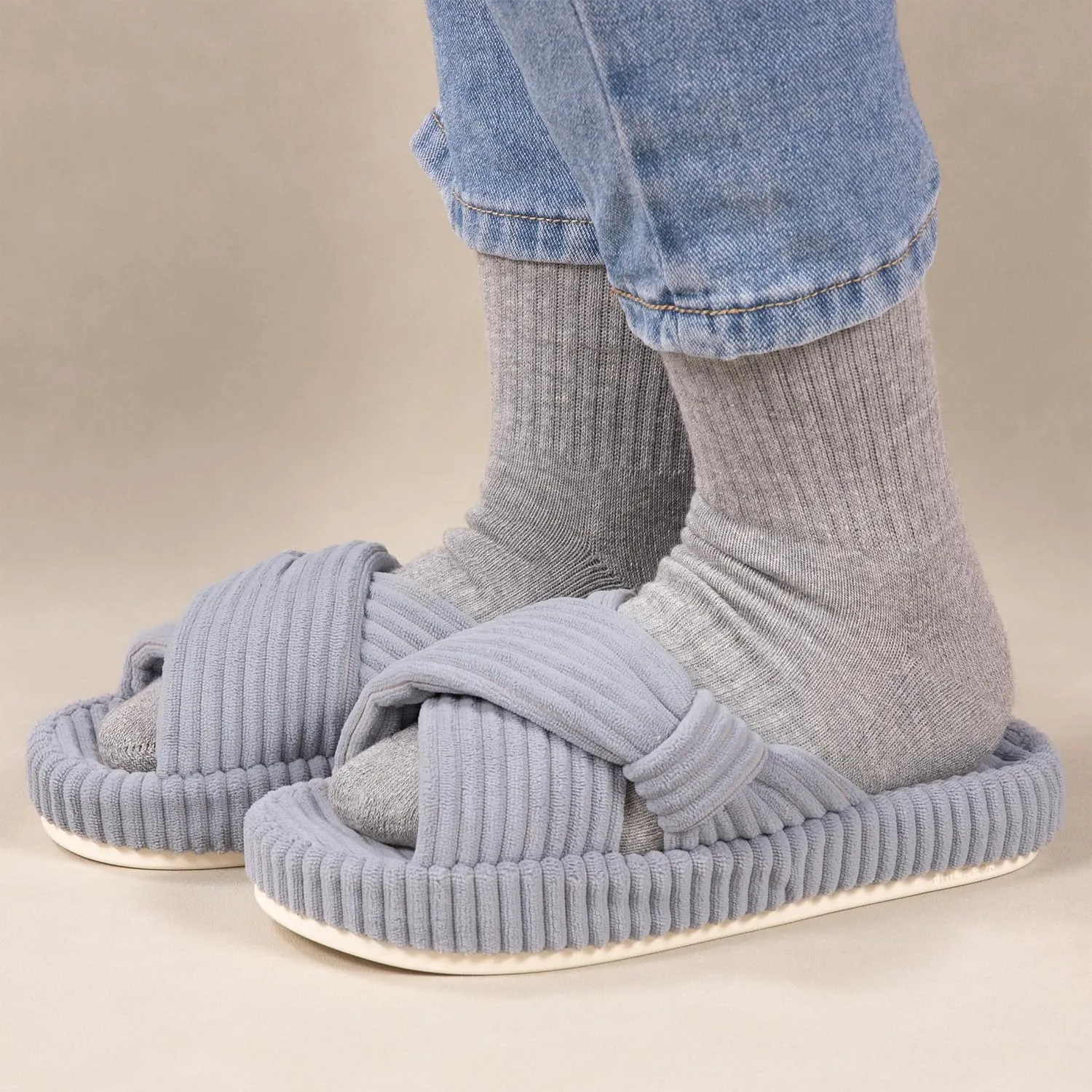 Women's House Slippers Corduroy Indoor Slippers Memory Foam Bedroom Open Toe Slippers Cross Band House Shoes