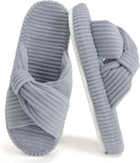 Women's House Slippers Corduroy Indoor Slippers Memory Foam Bedroom Open Toe Slippers Cross Band House Shoes