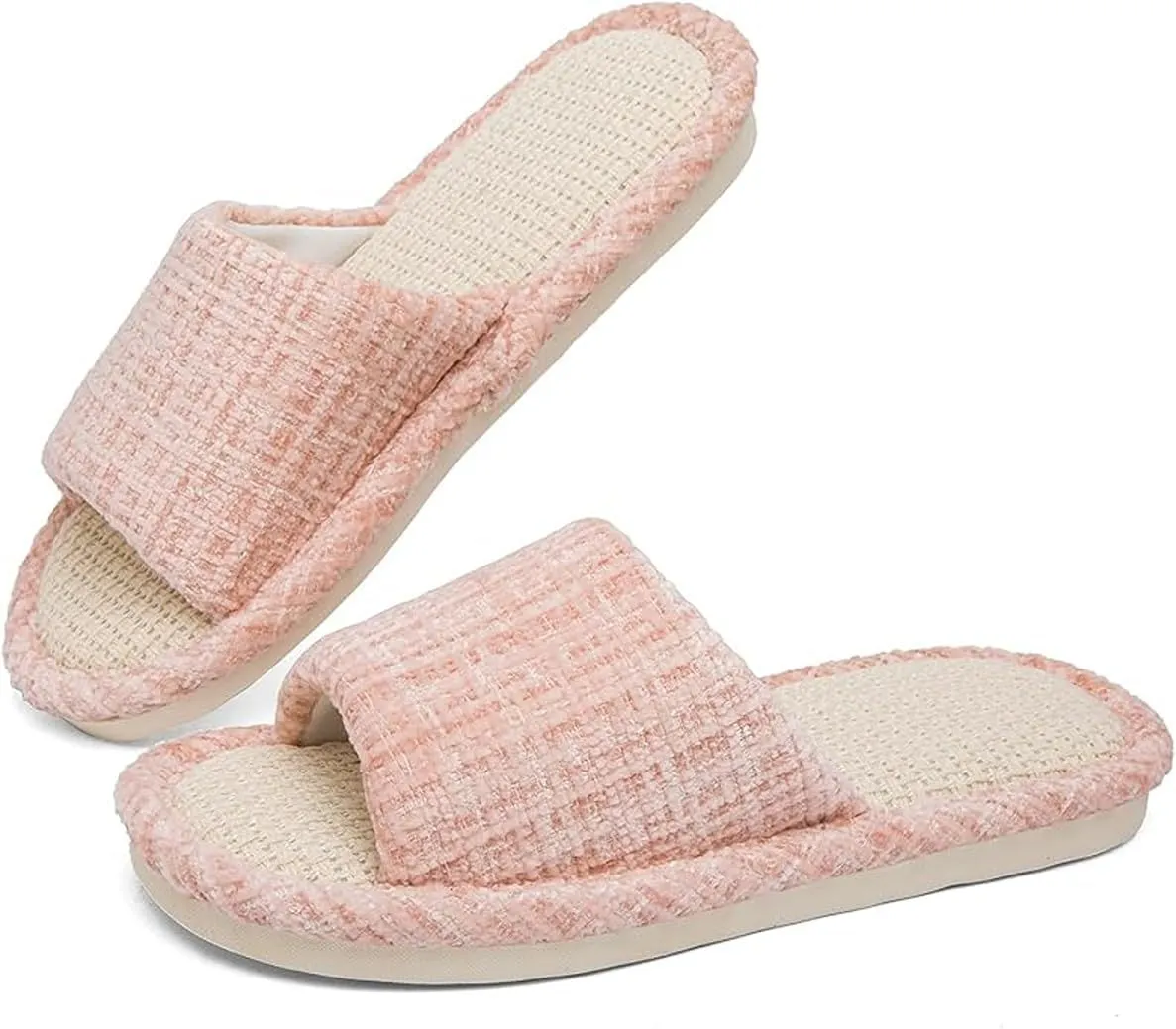 Womens Slippers, Linen Flax House Slippers for Women Men Unisex, Cute Soft Open Toe Summer Bedroom Slides House Shoes Indoor Outdoor Shower Drys fast