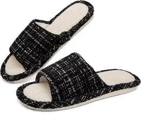 Womens Slippers, Linen Flax House Slippers for Women Men Unisex, Cute Soft Open Toe Summer Bedroom Slides House Shoes Indoor Outdoor Shower Drys fast